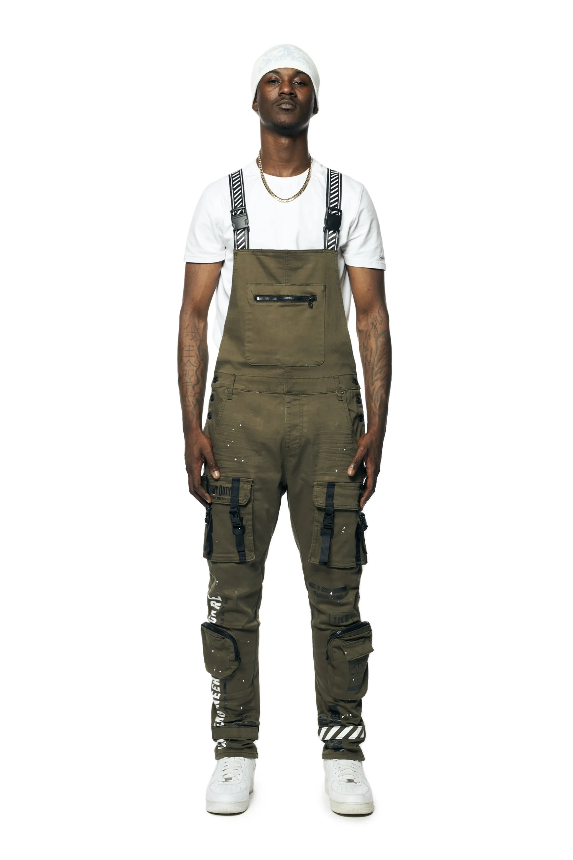 3D Pocket Utility Fashion Overalls - Olive