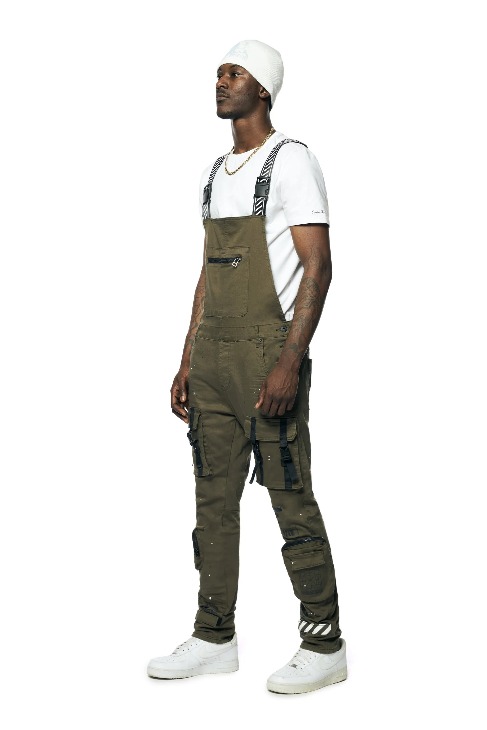 3D Pocket Utility Fashion Overalls - Olive