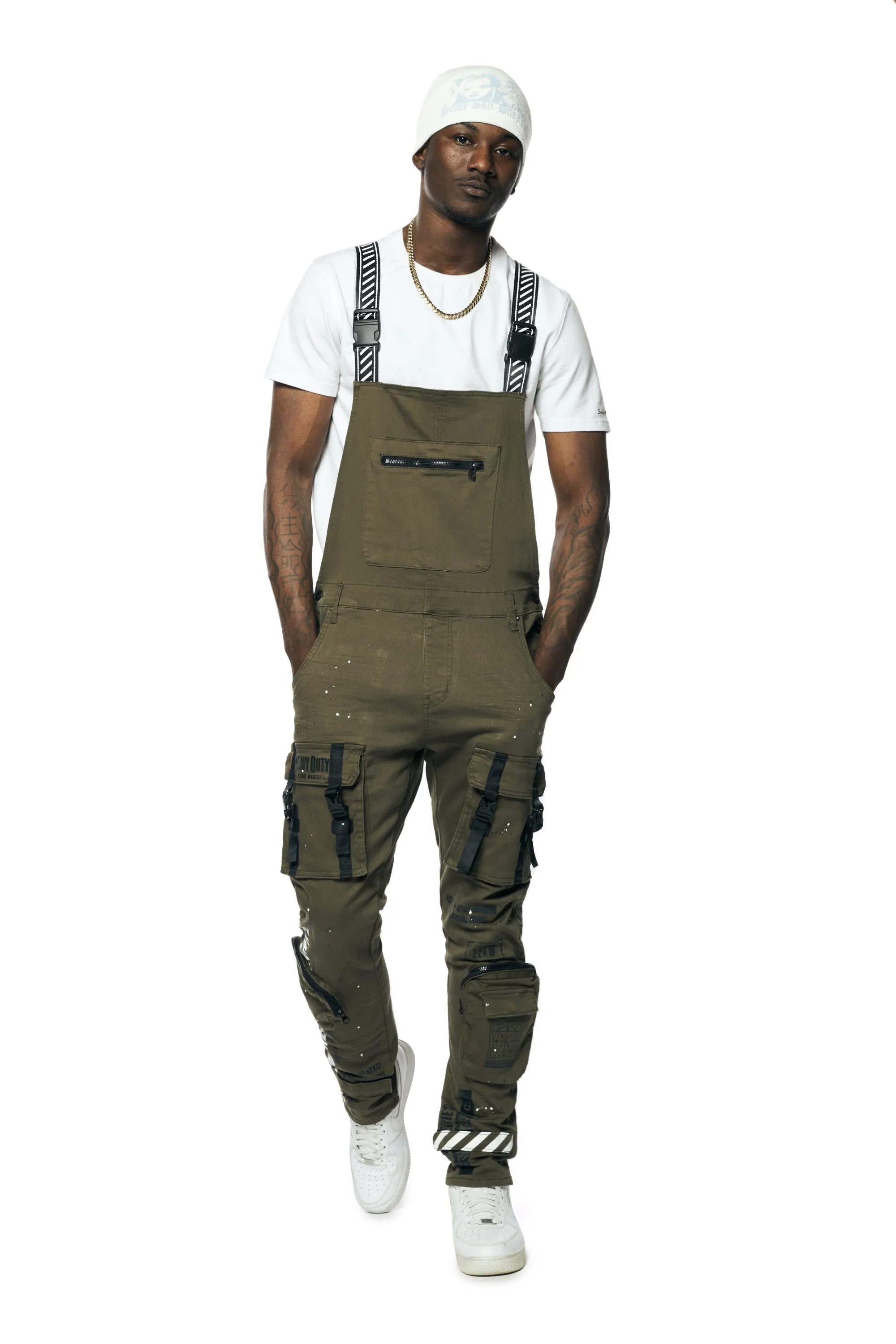 3D Pocket Utility Fashion Overalls - Olive