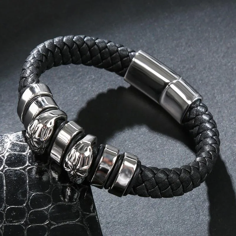 Black Braided Leather Stainless Steel Two Skulls and Beaded Bracelet