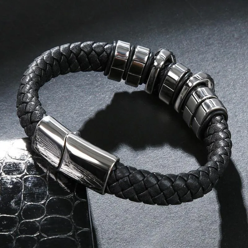 Black Braided Leather Stainless Steel Two Skulls and Beaded Bracelet