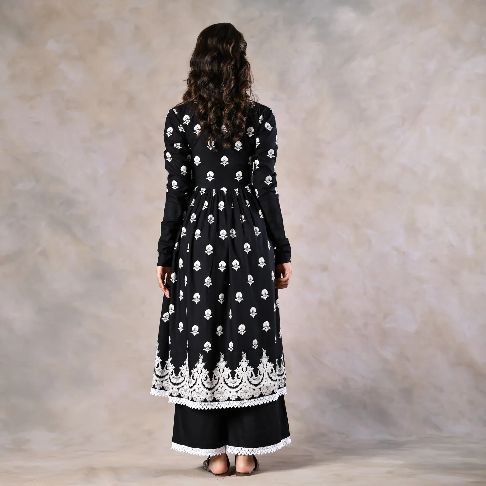 Black Front Gathered Kurta Pant Co-ord Set