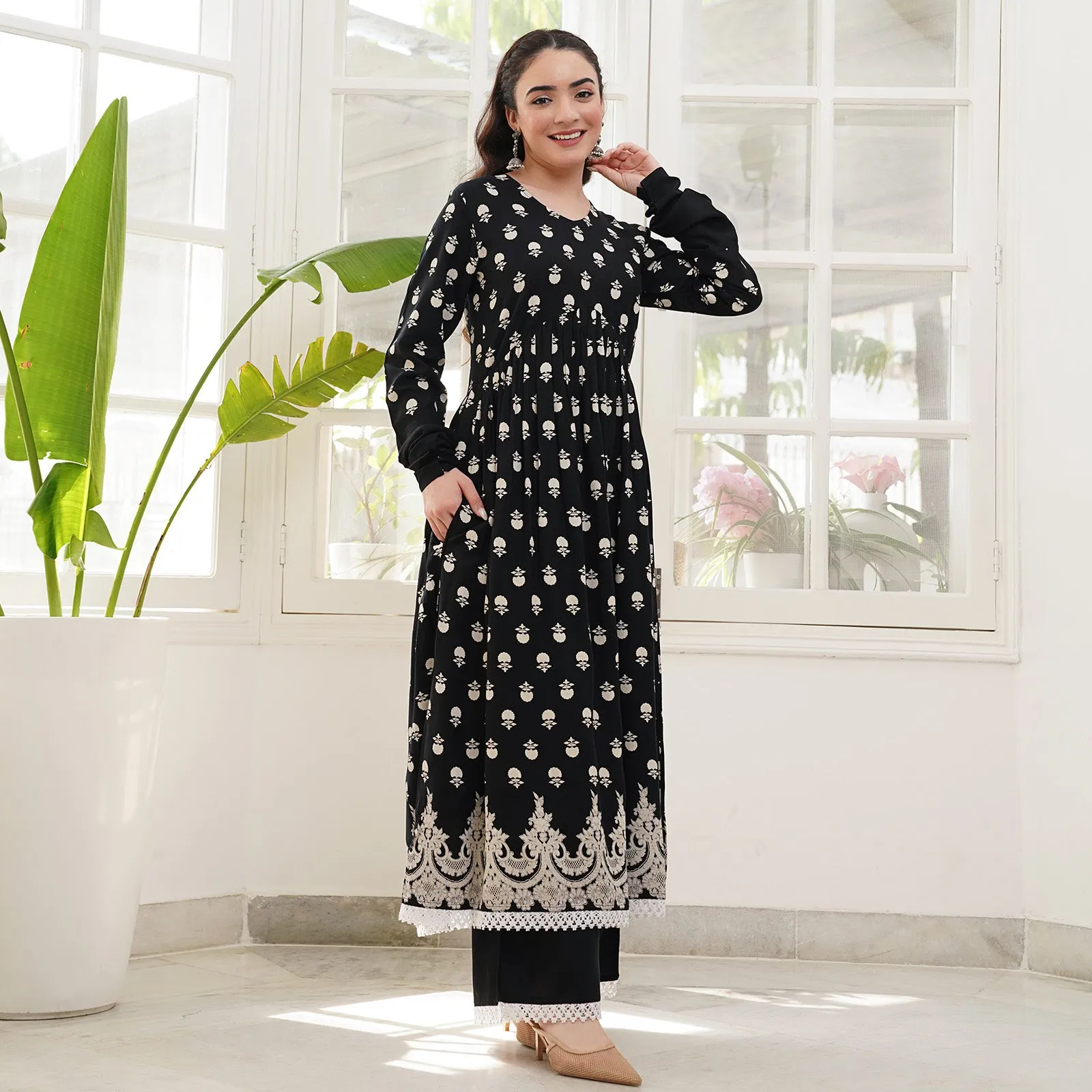 Black Front Gathered Kurta Pant Co-ord Set