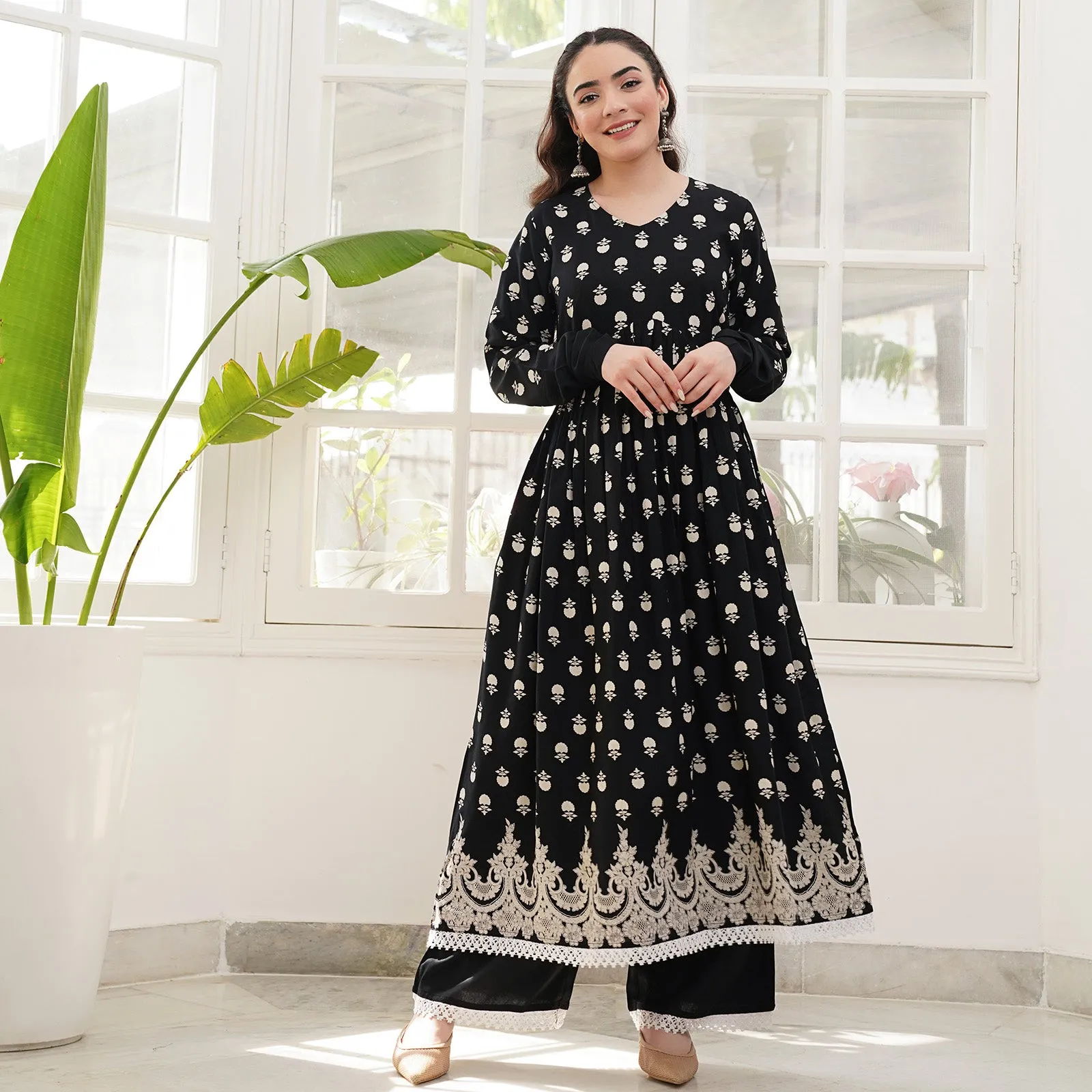 Black Front Gathered Kurta Pant Co-ord Set