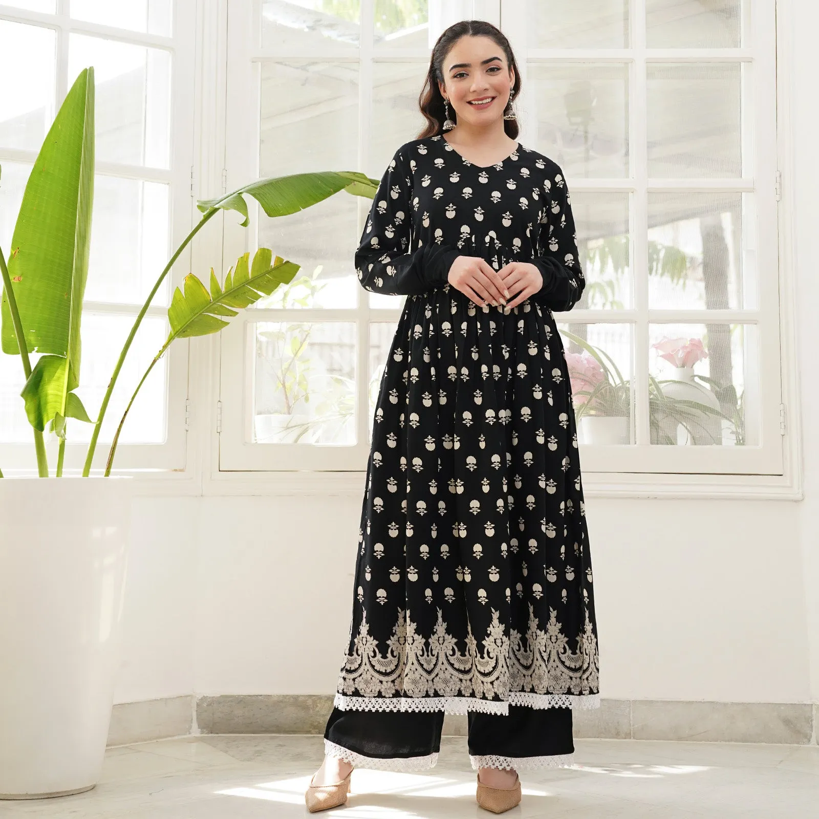 Black Front Gathered Kurta Pant Co-ord Set