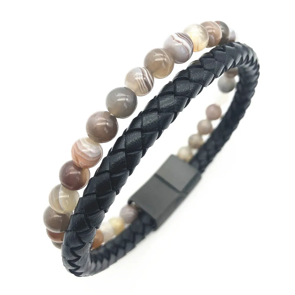 Black Genuine Leather, Matte Black Clasp, Nature Persian Gulf Agate Stone