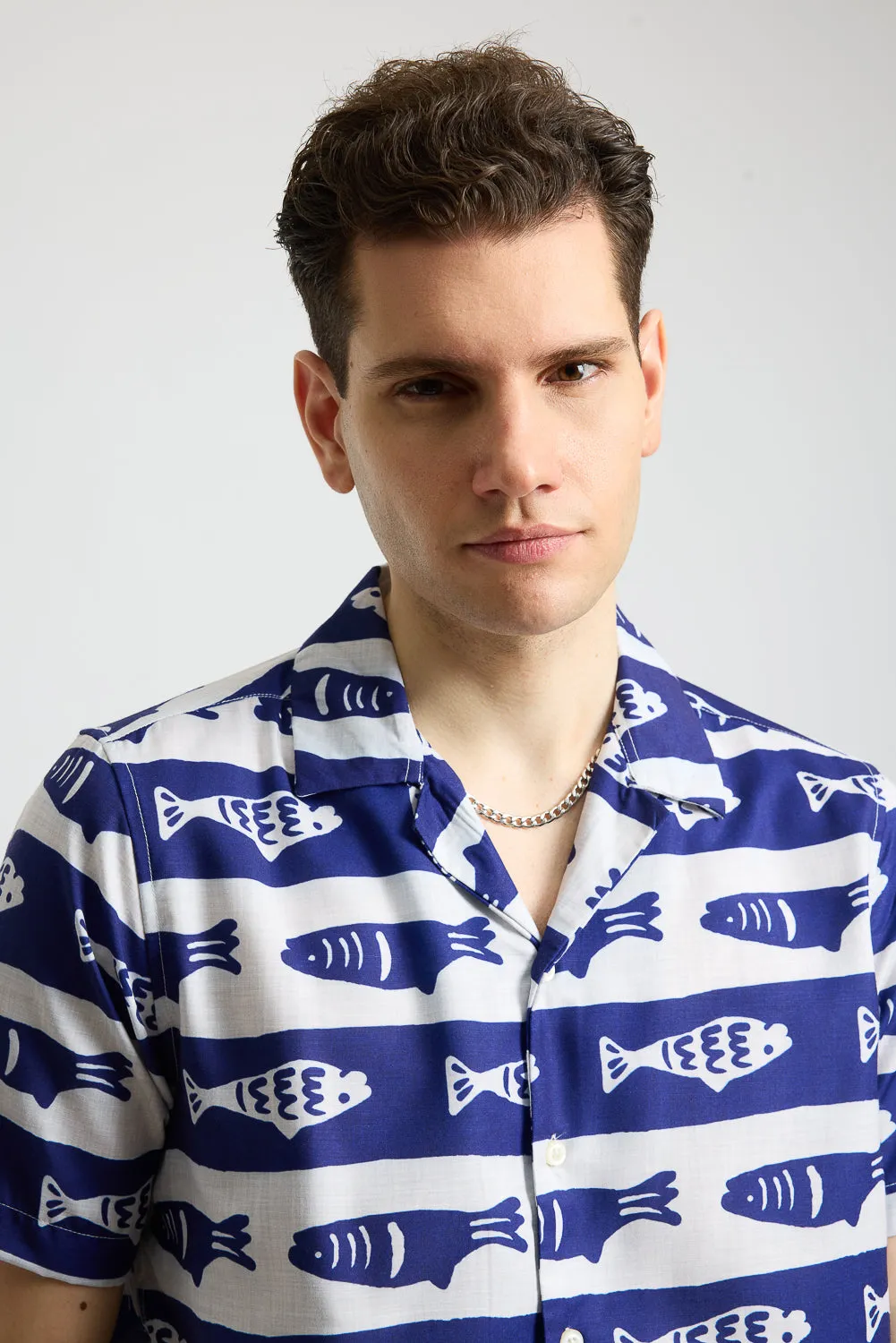 Blue Fish Print Men's Resort Shirt