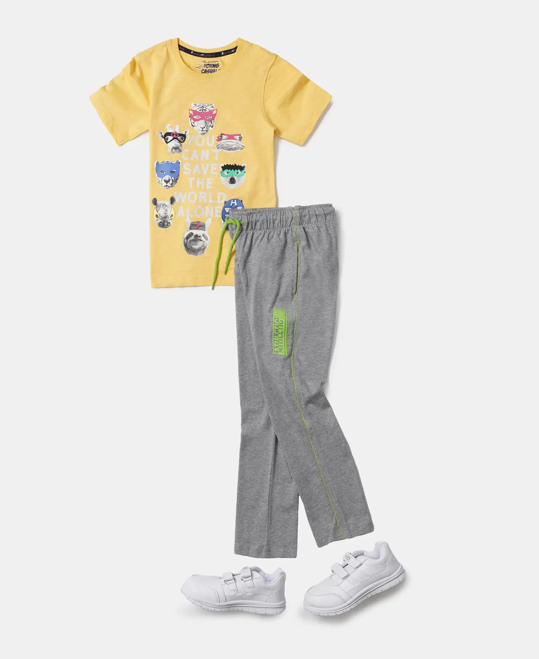 Boy's Super Combed Cotton Rich Graphic Printed Trackpants with Contrast Side Piping - Grey Melange & Orange Rust