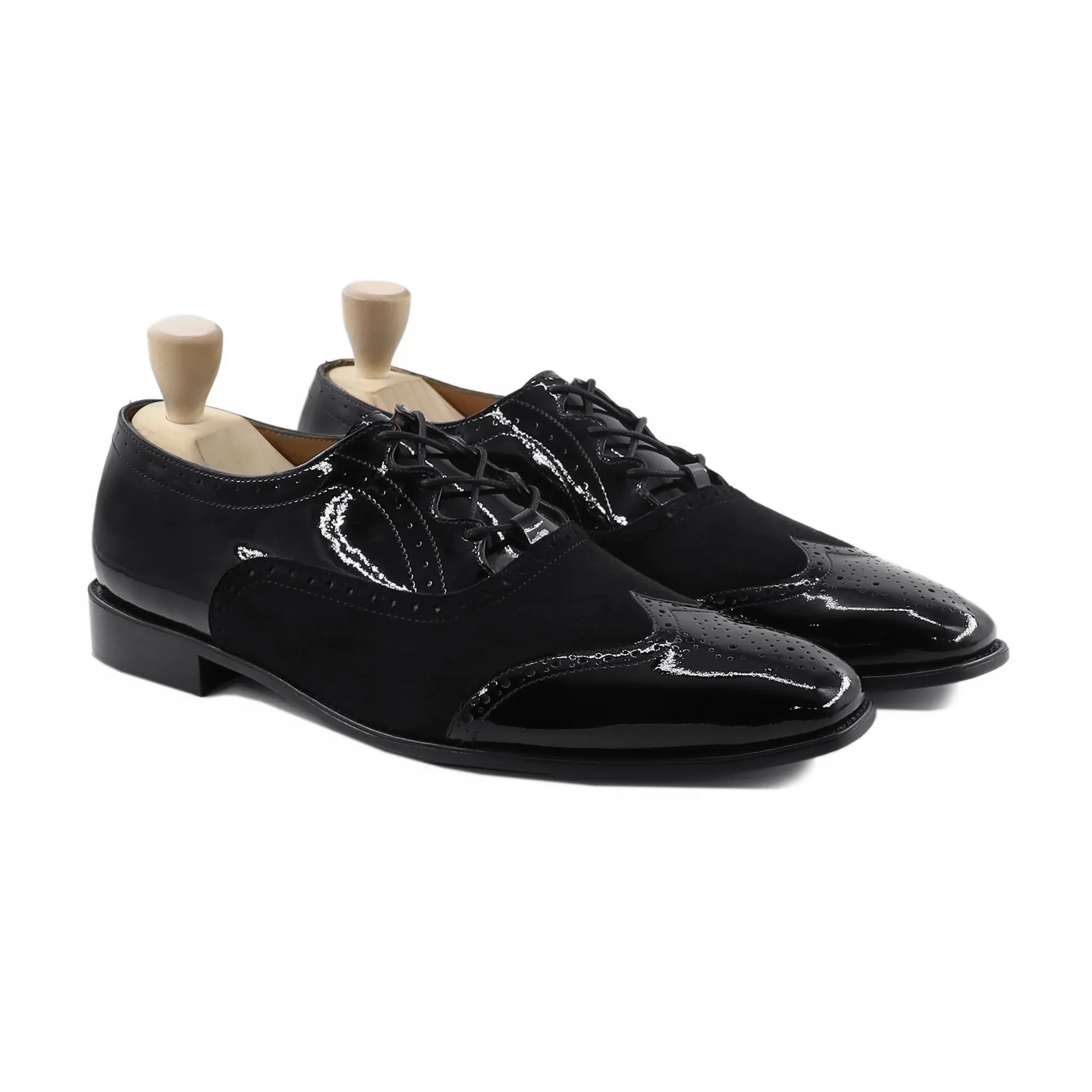 Carli - Men's Black Kid Suede and Patent Leather Oxford Shoe