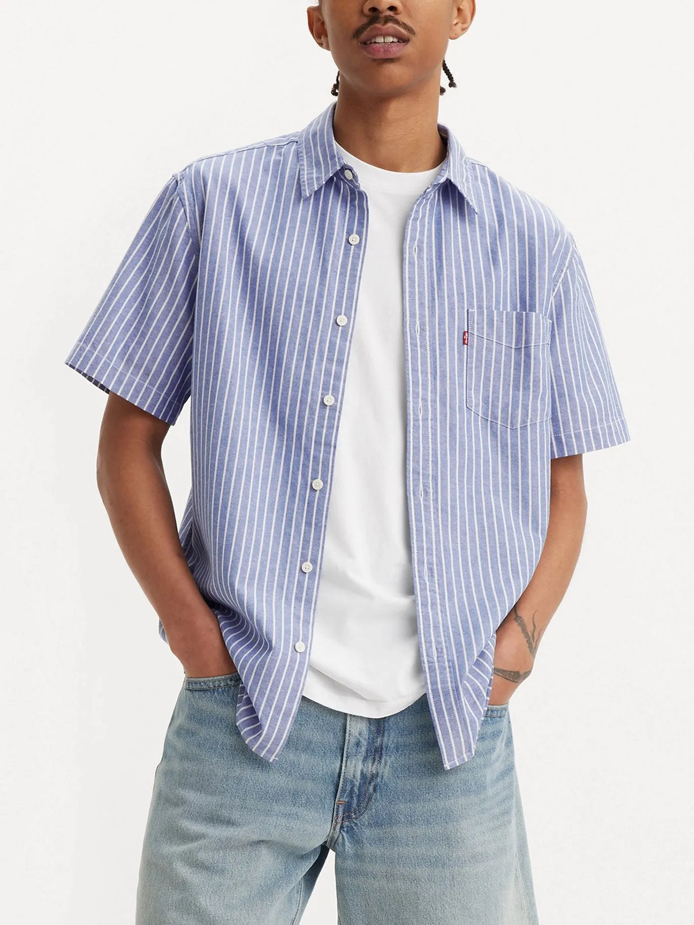 Classic 1 Pocket Standard Emil Stripe Deja Vu Blue Short Sleeve Buttondown Shirt