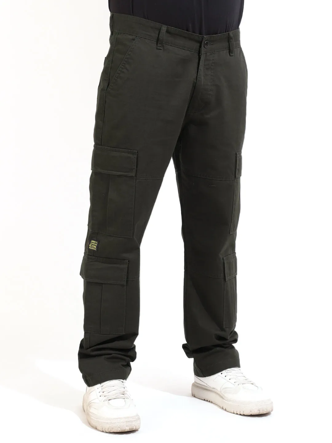 Dark Olive Peach Finish Cotton 8 Pocket Open Bottom Cargo