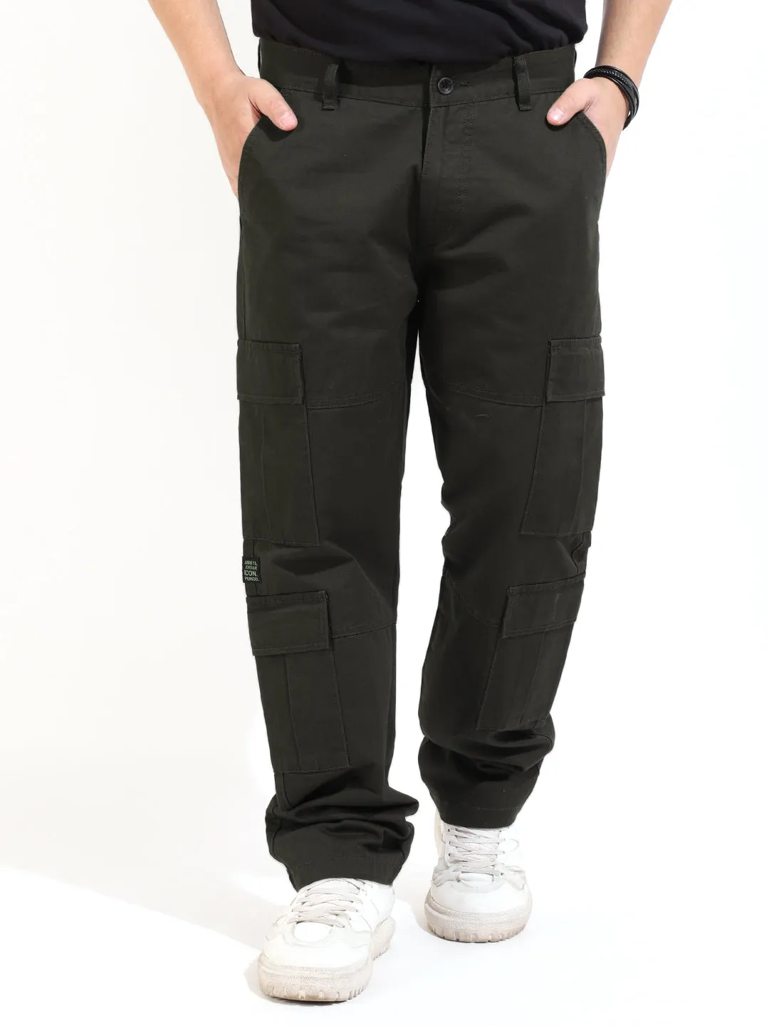 Dark Olive Peach Finish Cotton 8 Pocket Open Bottom Cargo