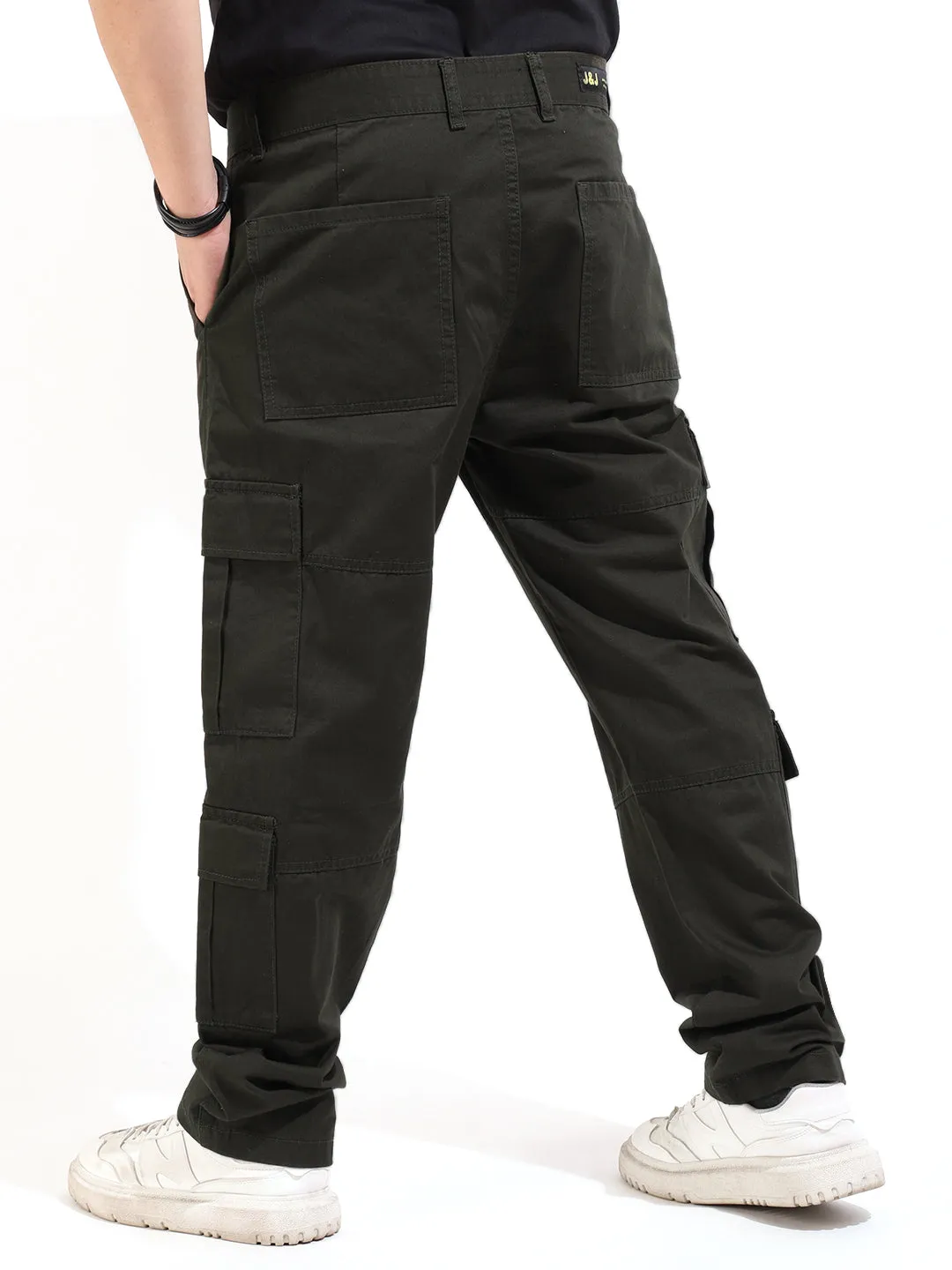 Dark Olive Peach Finish Cotton 8 Pocket Open Bottom Cargo