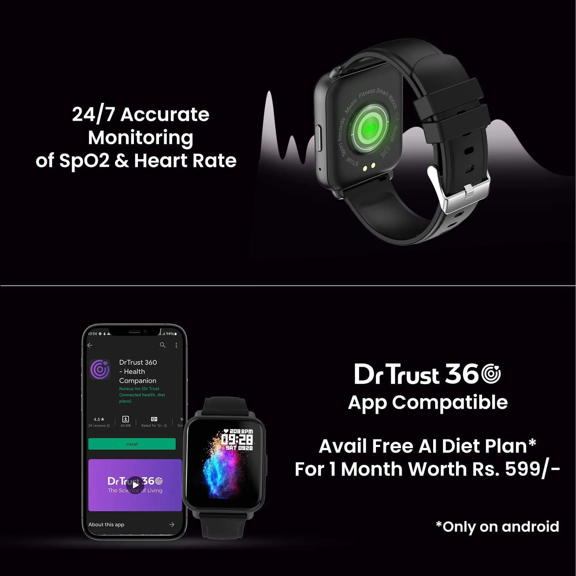 Dr Trust USA Healthpal (2) Smart Watch with 1.7 HD Display, Calling Feature, 24*7 Heart Rate Monitor, Spo2 Monitoring fitness tracker, Sports Modes, Multiple Watch Faces, Fast Charge, Long battery life, for Men & Women