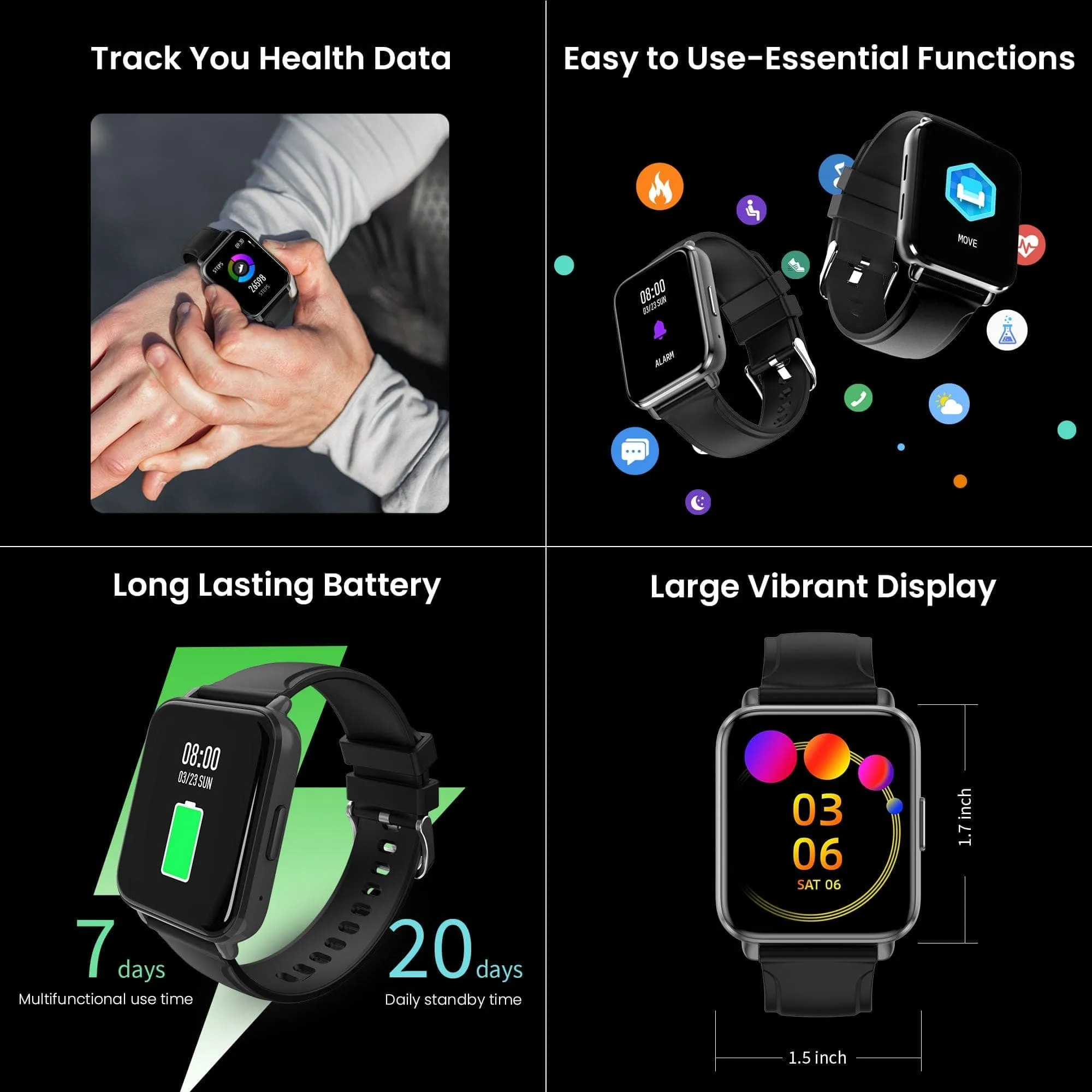 Dr Trust USA Healthpal (2) Smart Watch with 1.7 HD Display, Calling Feature, 24*7 Heart Rate Monitor, Spo2 Monitoring fitness tracker, Sports Modes, Multiple Watch Faces, Fast Charge, Long battery life, for Men & Women