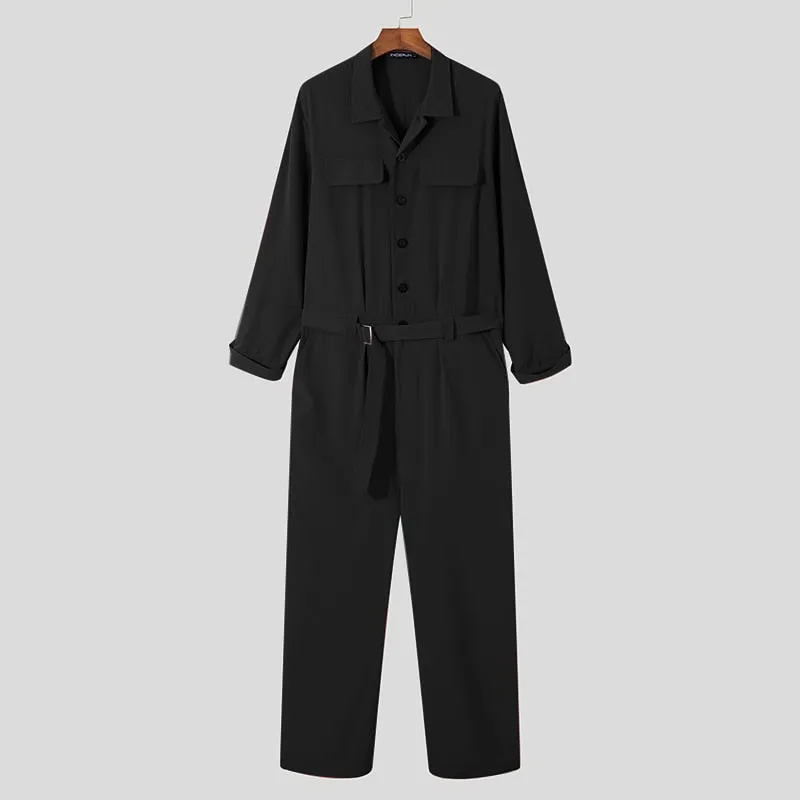 Foesce -Men Jumpsuits Solid Lapel Long Sleeve Button Men Cargo Overalls Pockets Streetwear Casual Rompers With Belt S-5XL 7