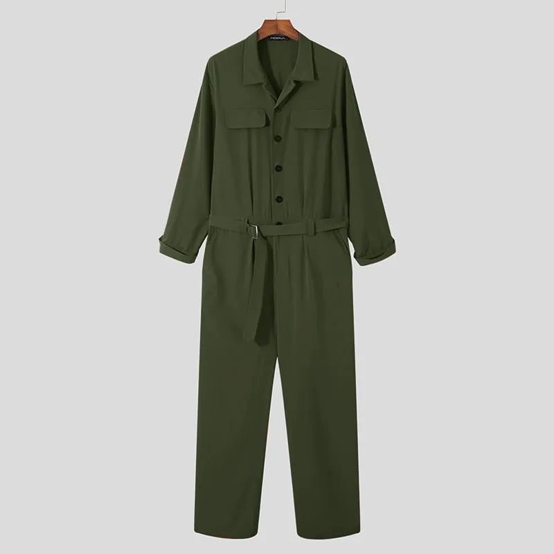 Foesce -Men Jumpsuits Solid Lapel Long Sleeve Button Men Cargo Overalls Pockets Streetwear Casual Rompers With Belt S-5XL 7