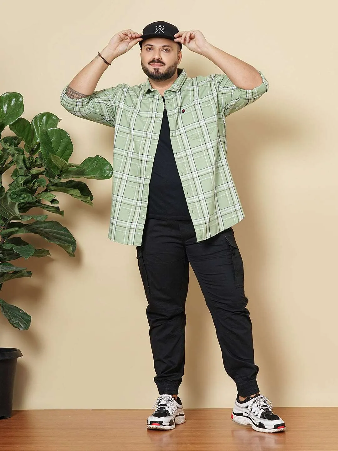 Hardsoda Men Green Plus Size Checked Casual Shirt