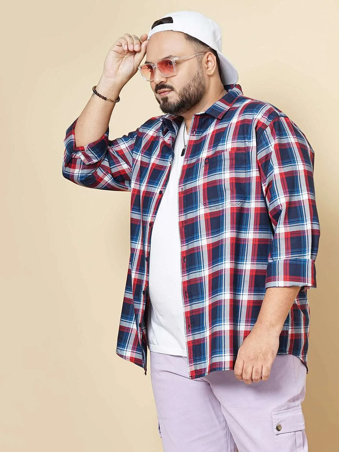 Hardsoda Men Navy Plus Size Checked Casual Shirt