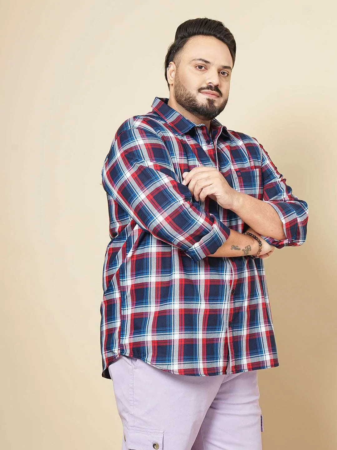 Hardsoda Men Navy Plus Size Checked Casual Shirt