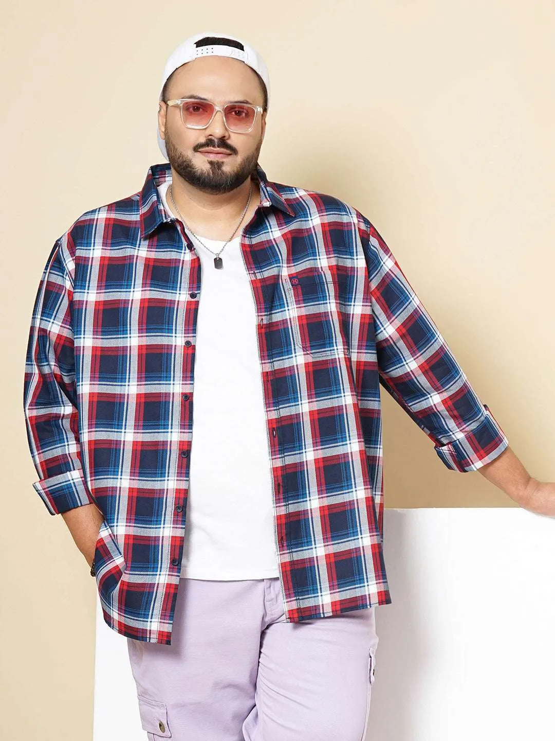 Hardsoda Men Navy Plus Size Checked Casual Shirt