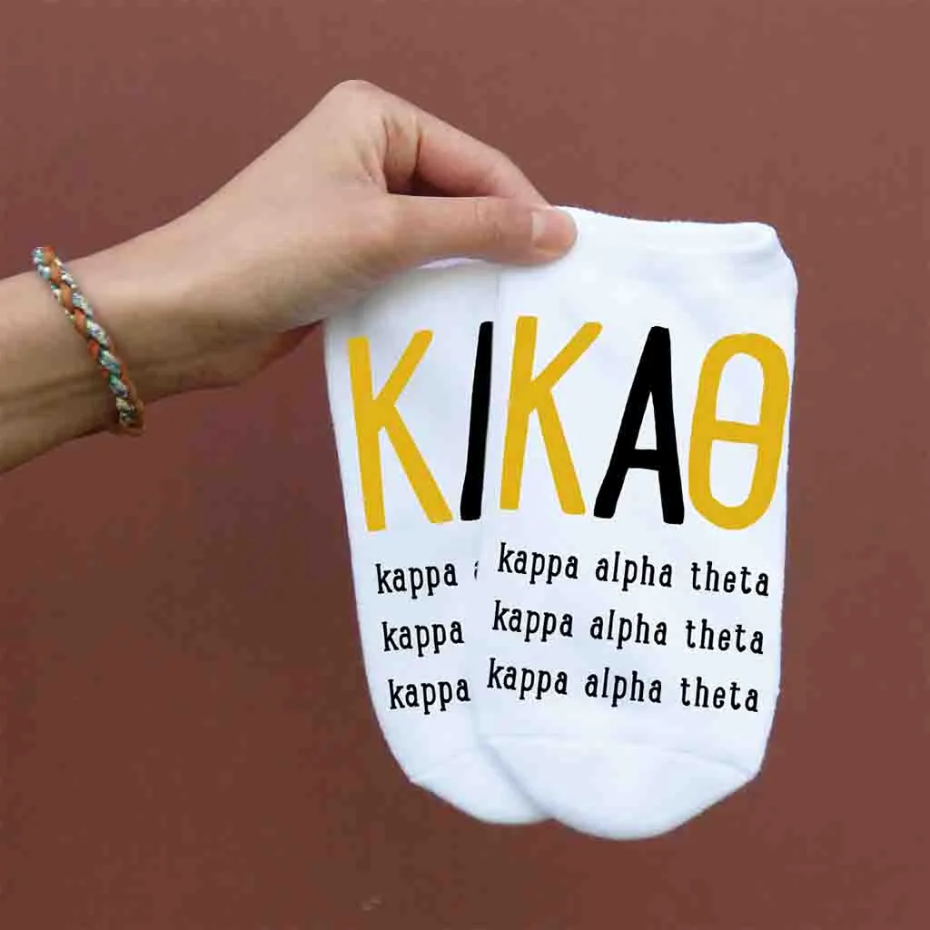 Kappa Alpha Theta Sorority Socks with Large Greek Letters, Printed on No Show Socks