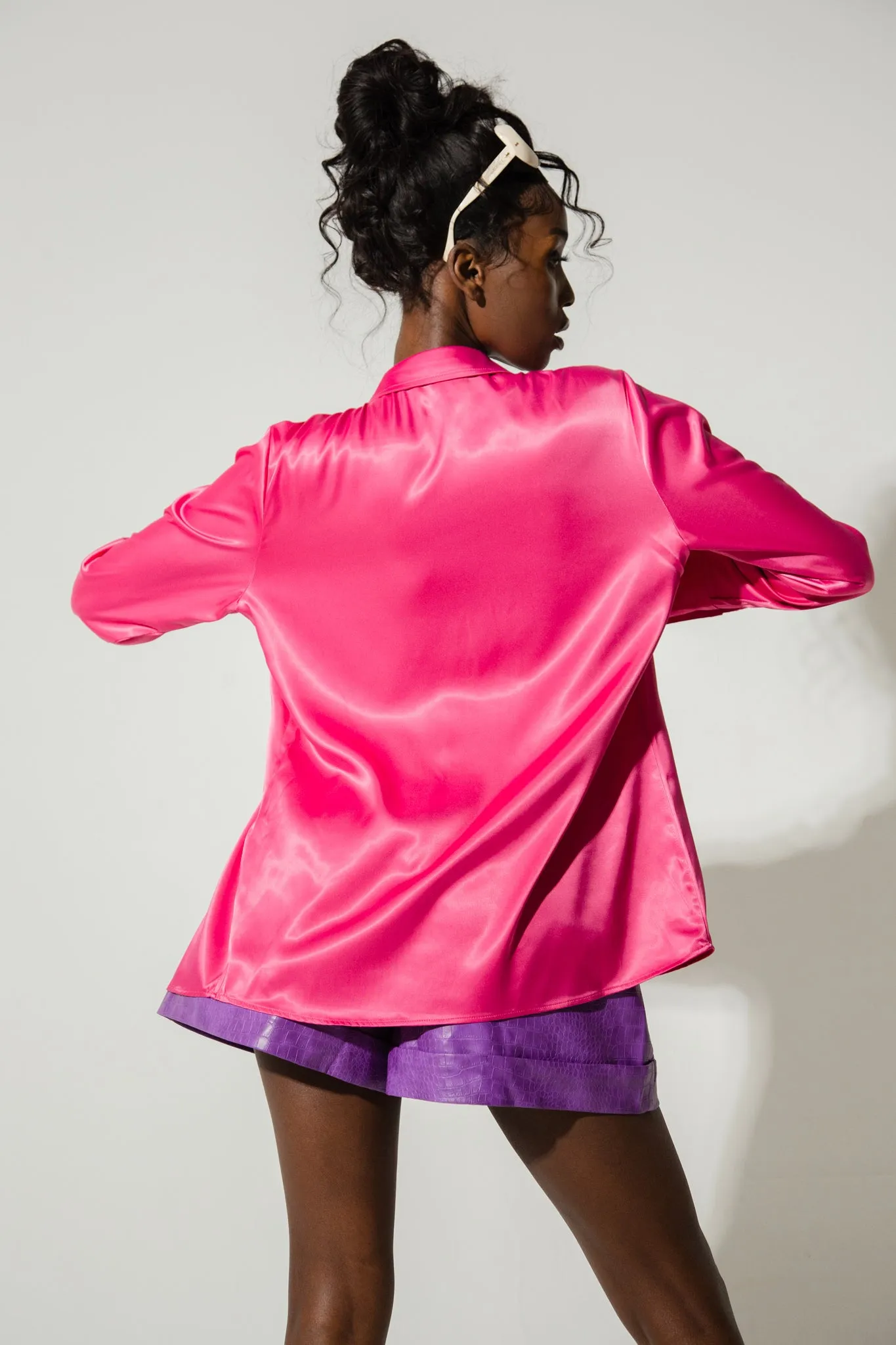 Kiam Silky Satin Button Up Shirt - Hot Pink