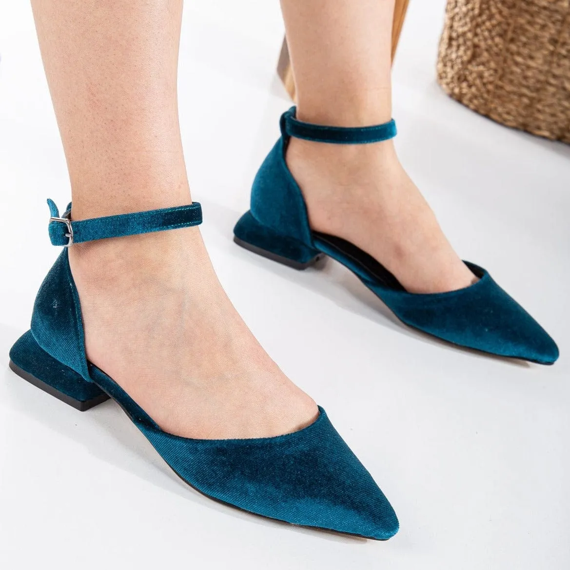 Madeline Vegan Velvet Flats | Teal Blue