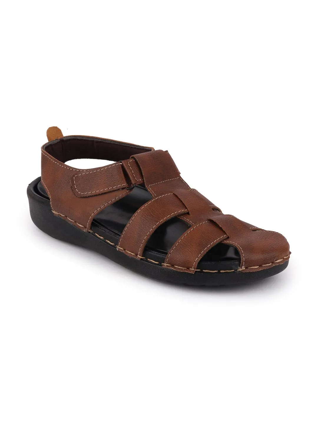 Men Brown Casual Hook & Loop Fishermen Sandals