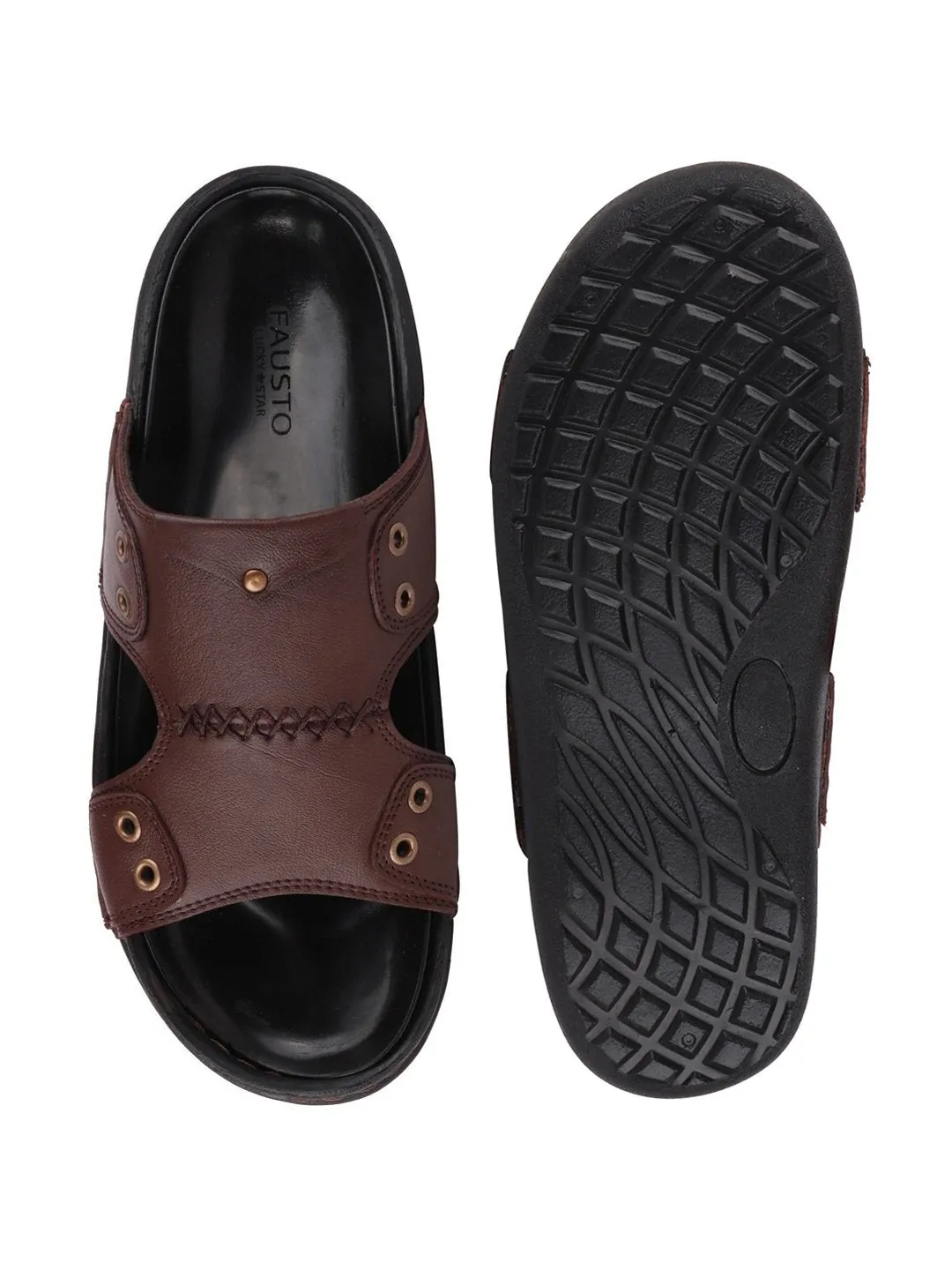 Men Brown Casual Leather Slip-On Pad Slippers