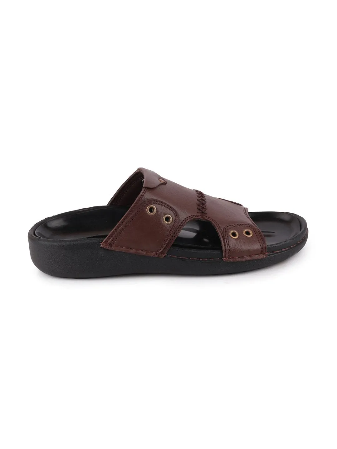 Men Brown Casual Leather Slip-On Pad Slippers