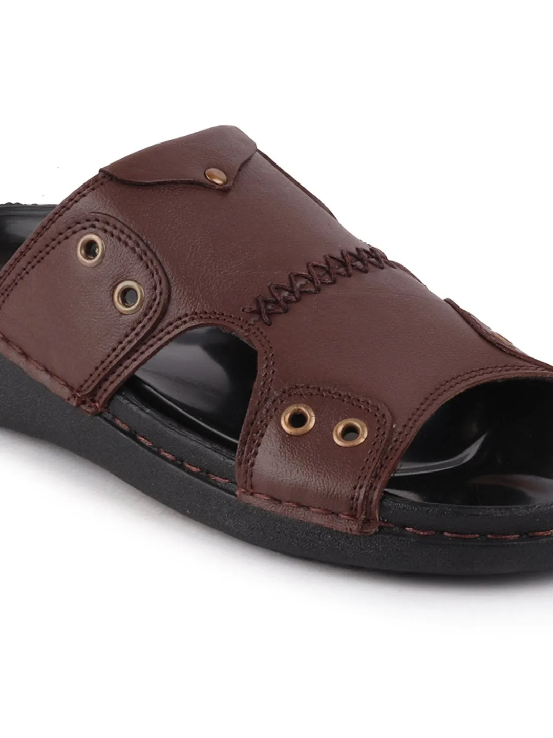 Men Brown Casual Leather Slip-On Pad Slippers