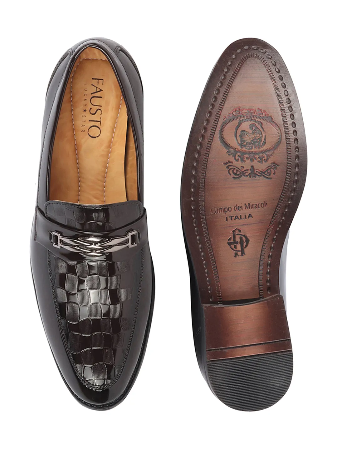 Men Brown Casual Patent Leather Slip-On Loafers