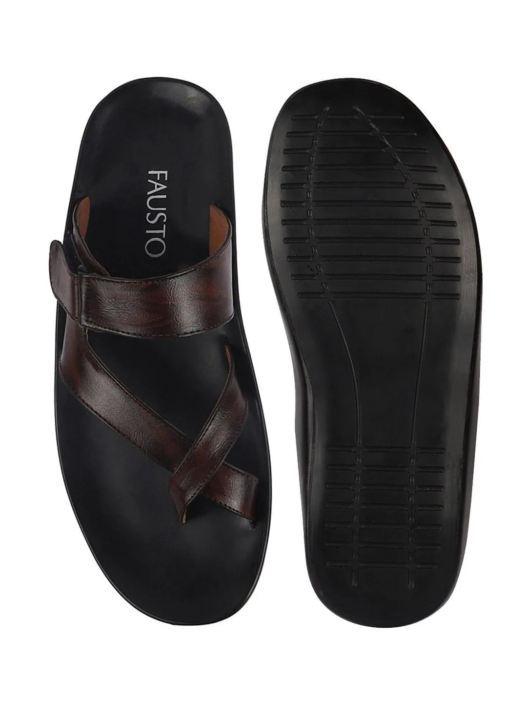 Men Brown Hook & Loop Criss Cross Toe Ring Slipper