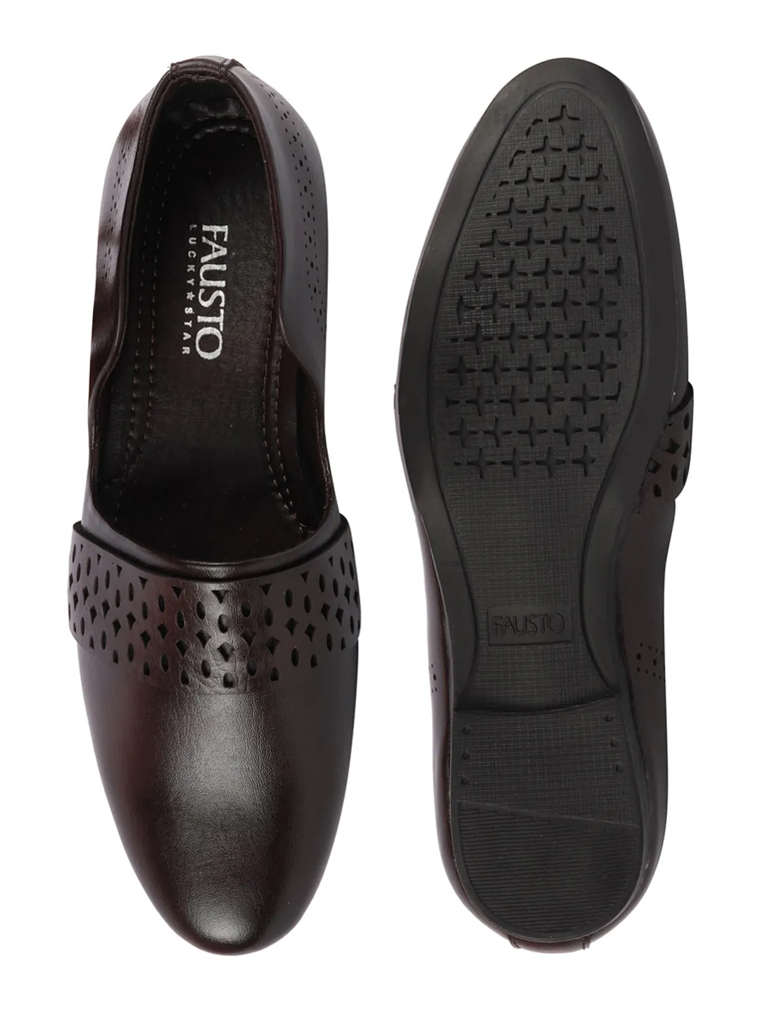 Men Brown Laser Cut Design Side Open Broad Feet Ethnic Party Slip On Shoes