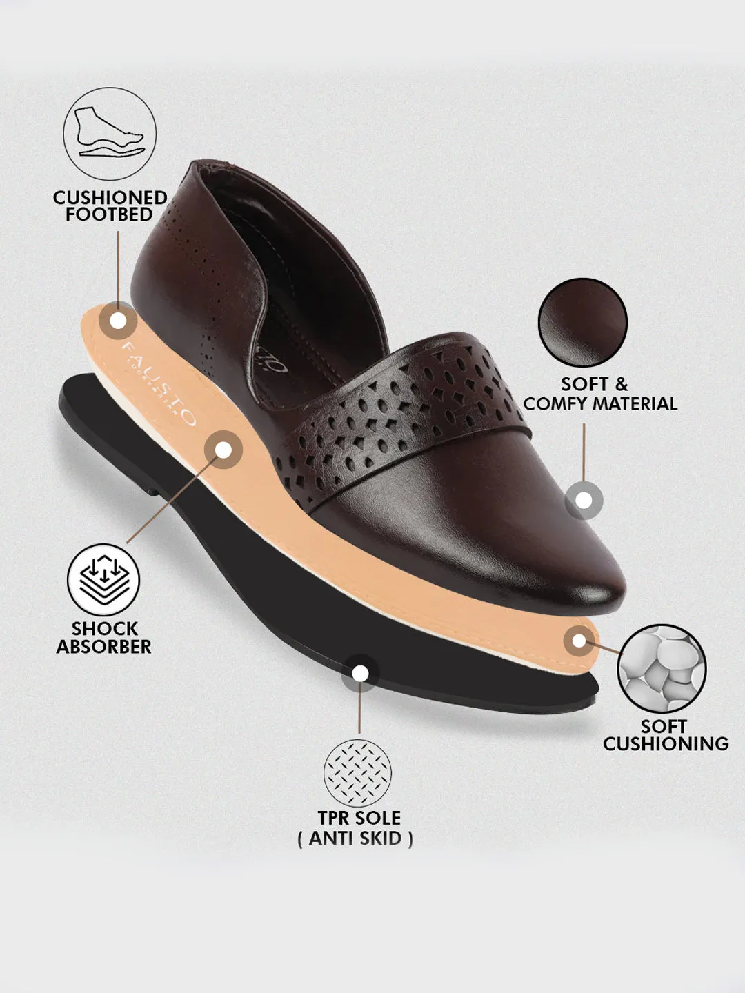 Men Brown Laser Cut Design Side Open Broad Feet Ethnic Party Slip On Shoes