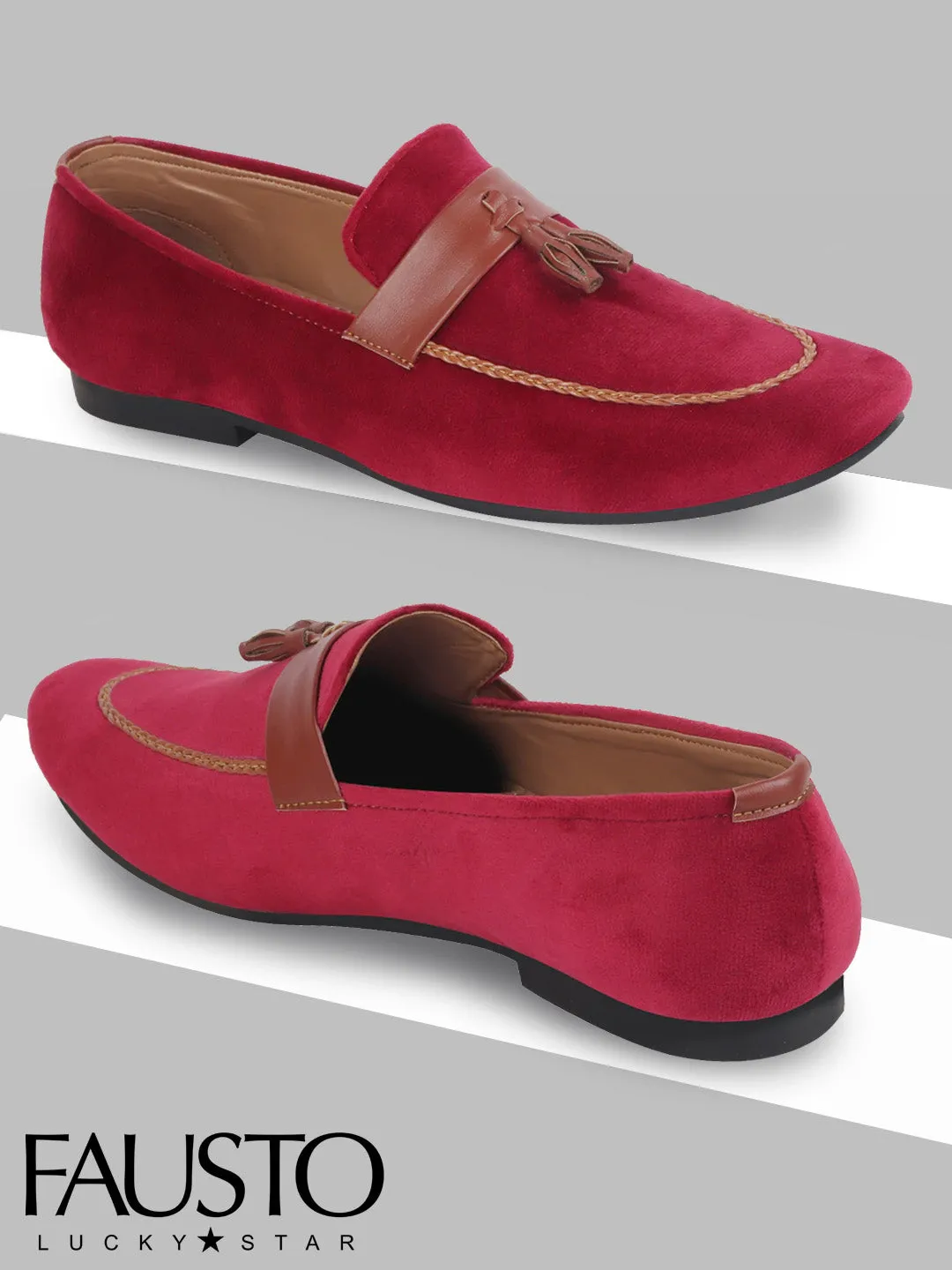 Men Red Casual Velvet Slip-On Loafers