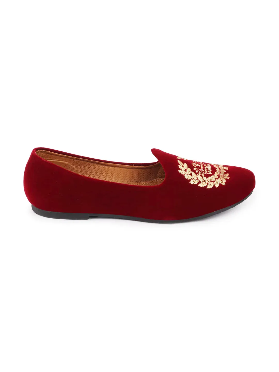 Men Red Velvet Leaf Print Embroidery Slip On Party Loafers