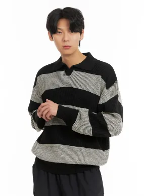 Men's Open Collar Striped Sweater IA401