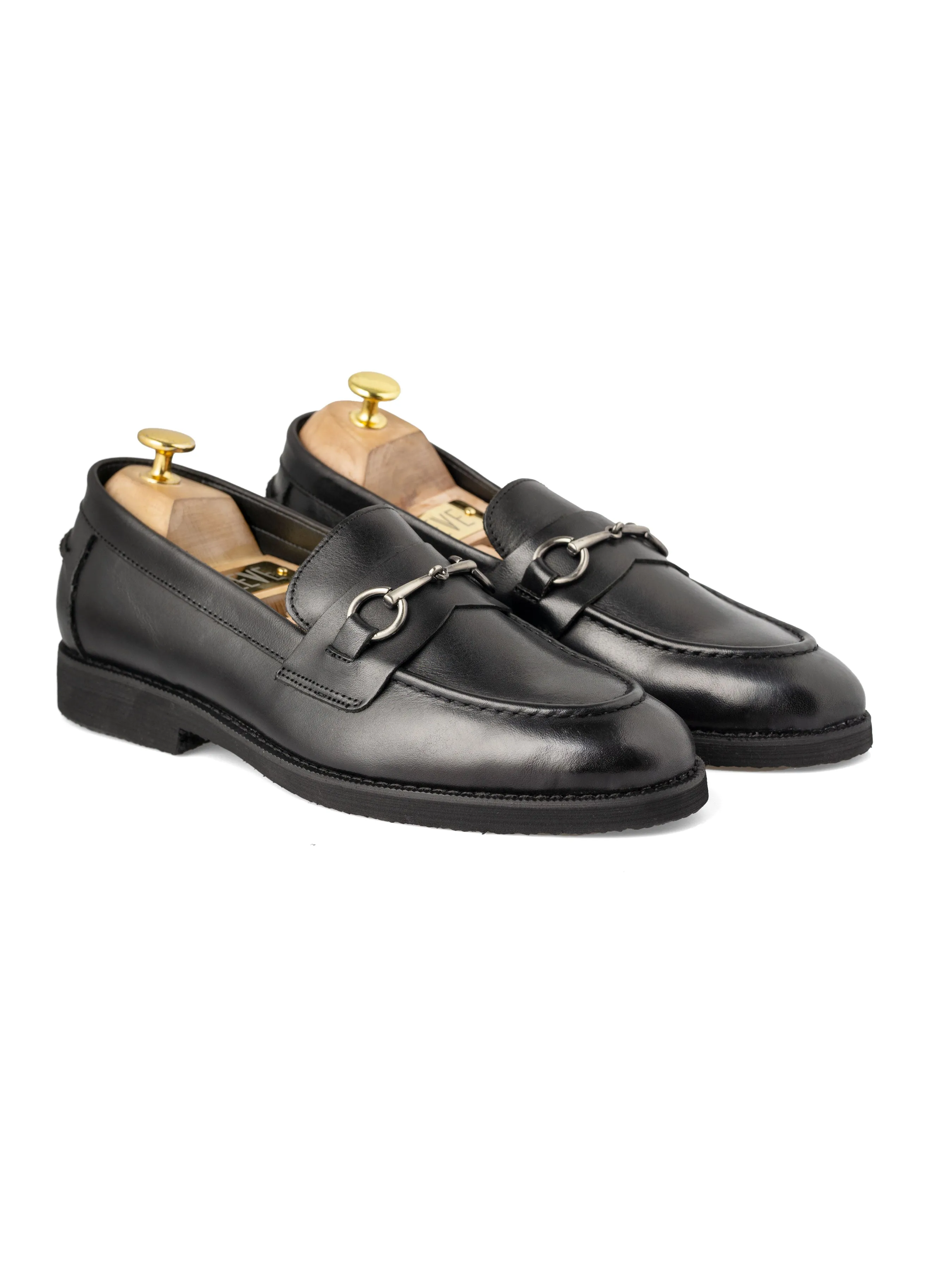 Penny Loafer Horsebit Silver Buckle - Black Leather (Crepe Sole)