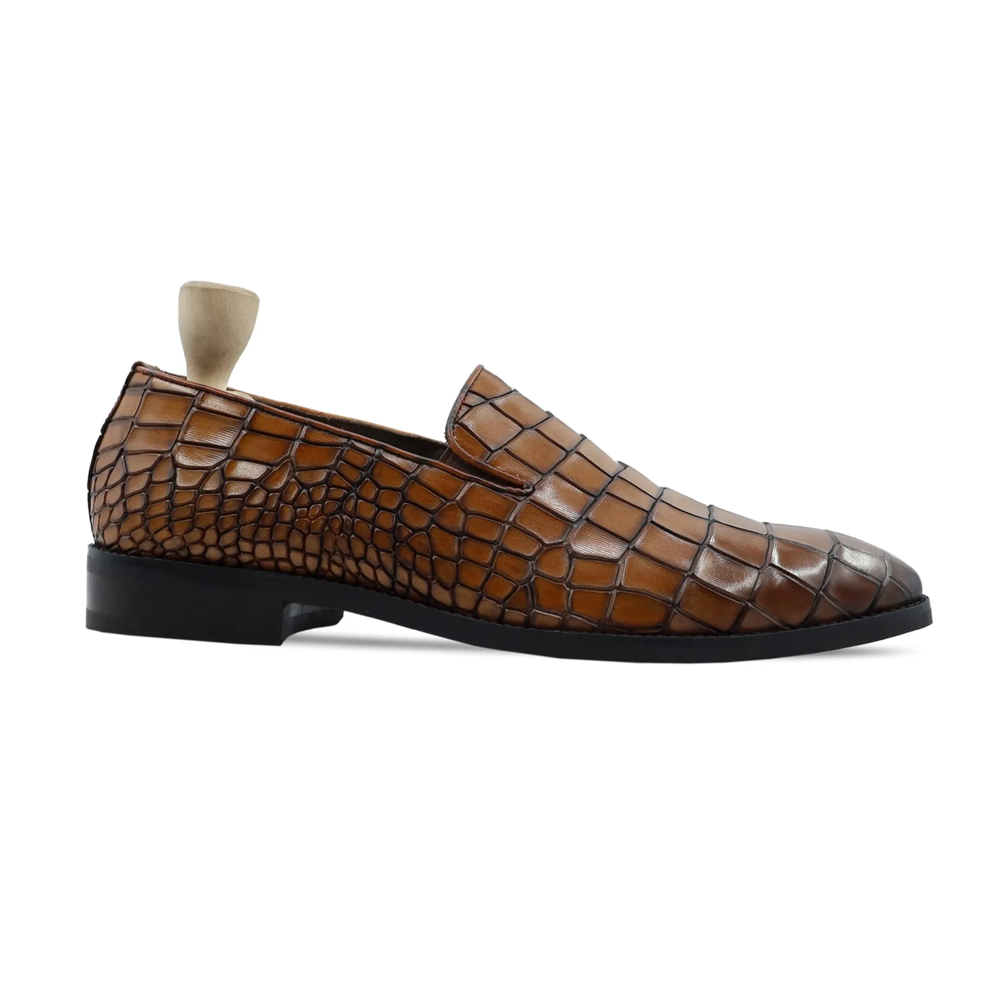 Solitude - Men's Tan Brown Crocodile Printed Calf Loafer