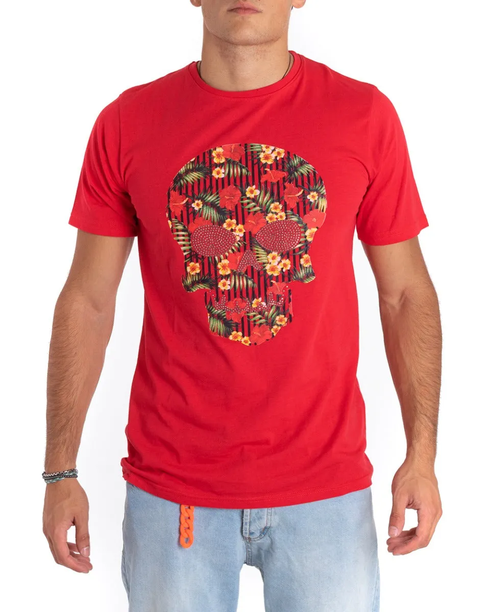 T-Shirt Uomo Lunga Stampa Scheletro Rossa Decoro Fiori Mezza Manica GIOSAL-TS2659A